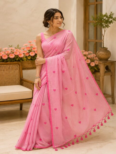 Pure Mul Cotton Heart Embroidered Saree with Tassels
